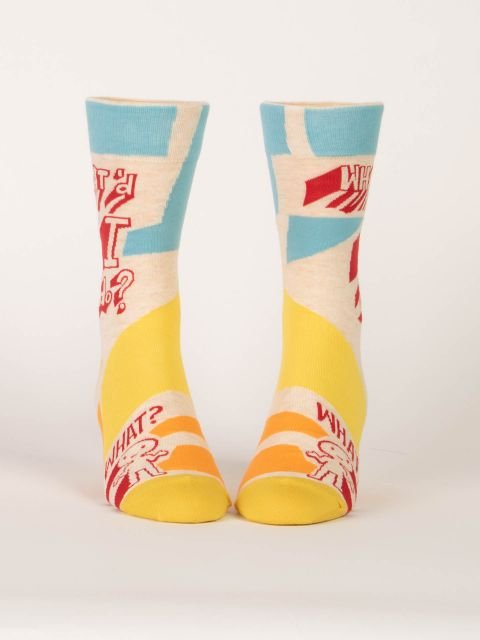 Blue Q Whatd I Do Mens Novelty Crew Socks Front Pair View.
