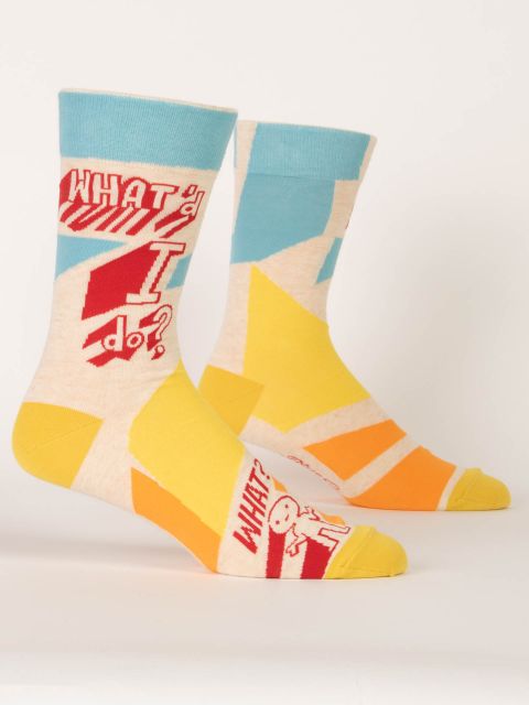 Pair of Blue Q men's crew socks in cream, light blue, yellow, and orange reading "WHAT'D I DO?"