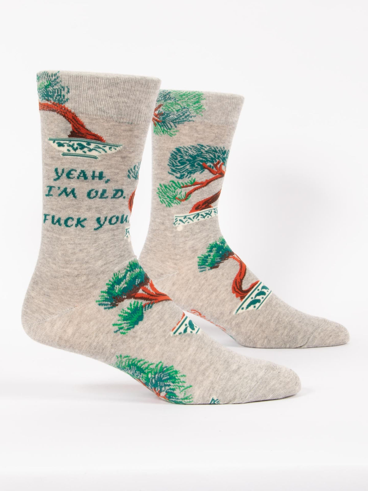 Pair of Blue Q men's grey crew socks featuring potted bonsai trees and green text reading "YEAH, I'M OLD. FUCK YOU."