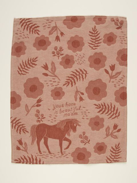 Blue Q Your Home Is Beautiful Maam Tea Towel Full View Dusty Rose Pink Horse Kitchen Towel.