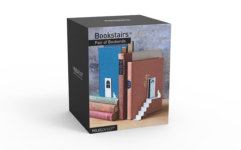 Peleg Design Bookstairs Pair of Decorative Metal Bookends Product Packaging Box.