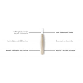 Brush It On bamboo interdental brush featuring a sustainably sourced MOSO bamboo handle and coated wire bristles, presented on a white background with feature callouts