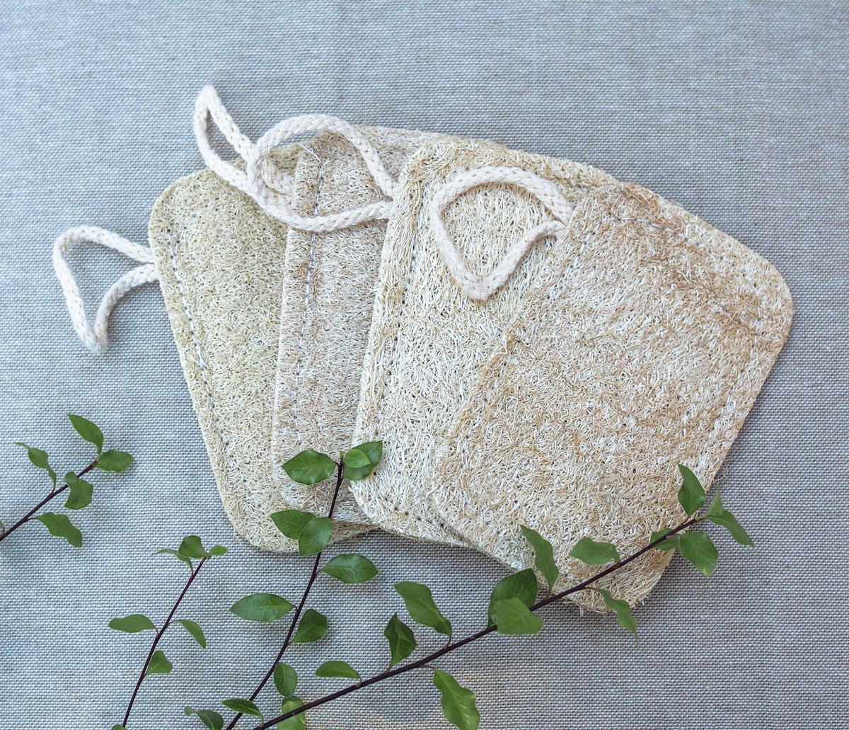 Brush It On compostable kitchen loofah 2-pack featuring natural textured scrubber pads with hanging loops, displayed on a grey fabric background with leafy green sprigs