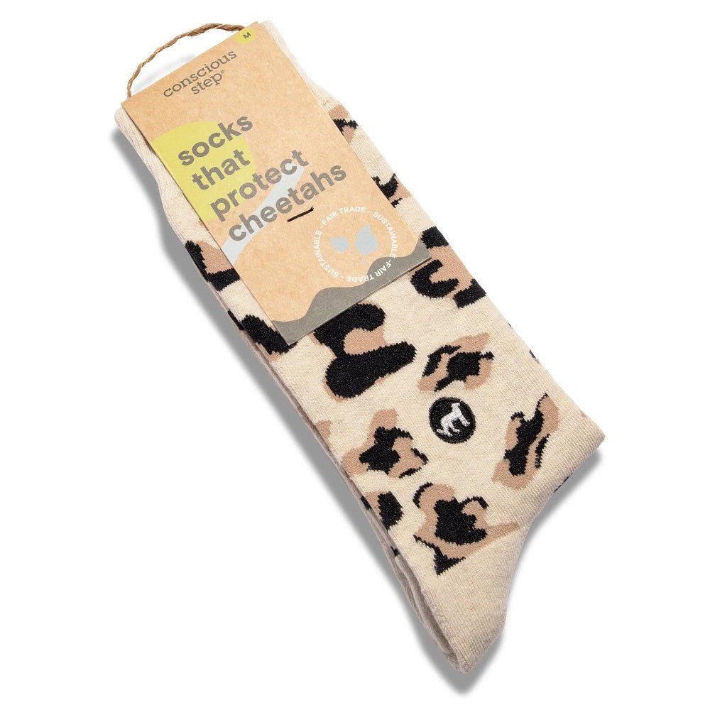 Conscious Step Socks That Protect Cheetahs Tan Leopard Spot Organic Cotton Crew Socks Packaging.