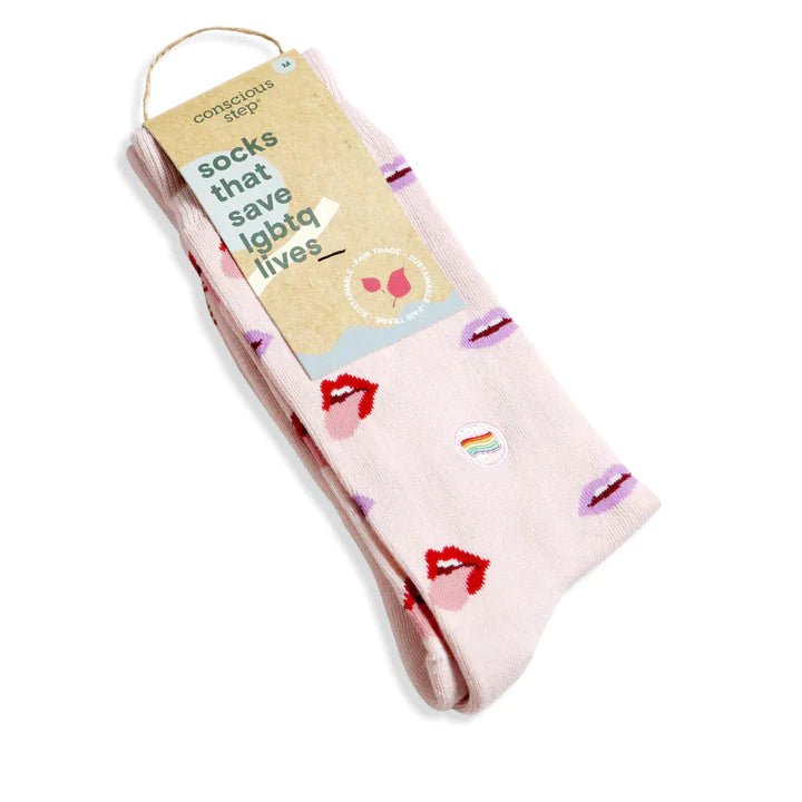 Conscious Step Socks That Save LGBTQ Lives Pink Lip Print Organic Cotton Crew Socks Packaging.