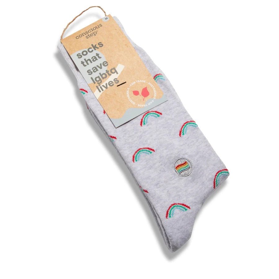 Conscious Step Socks That Save LGBTQ Lives Grey Rainbow Print Organic Cotton Crew Socks Packaging.