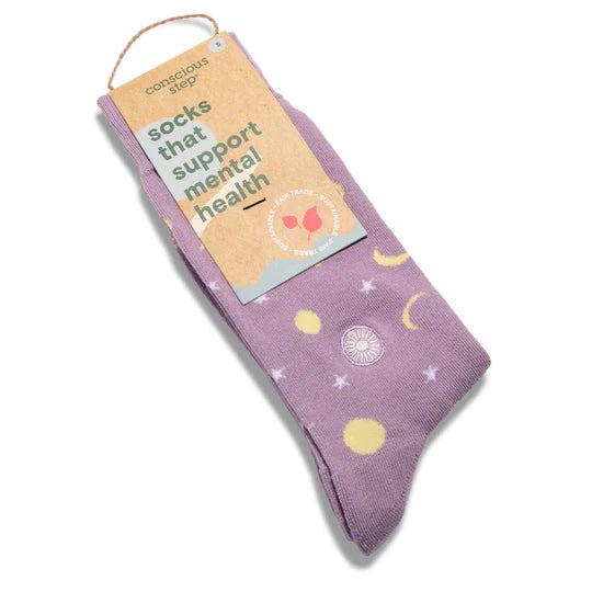 Conscious Step Socks That Support Mental Health Celestial Lavender Purple Organic Cotton Crew Socks Packaging.