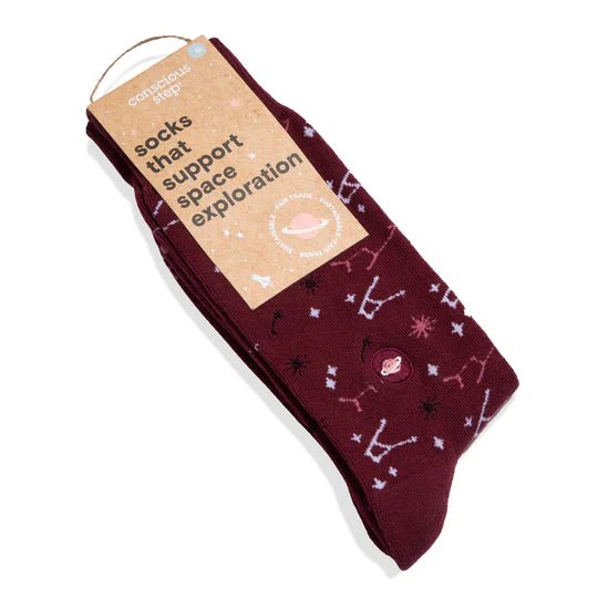 Conscious Step Socks That Support Space Exploration Constellations Maroon Organic Cotton Crew Socks Packaging.