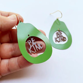 DENZ Avocados BE KIND - painted steel dangles, held by hand