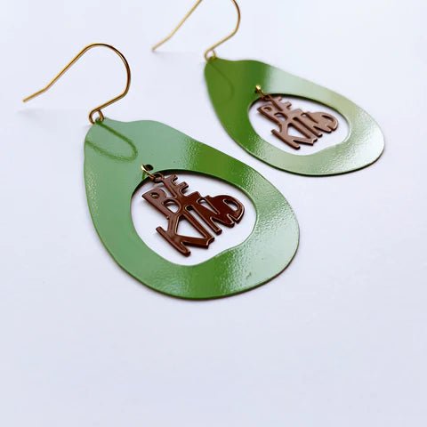 DENZ Avocados  BE KIND - painted steel dangles, angled view