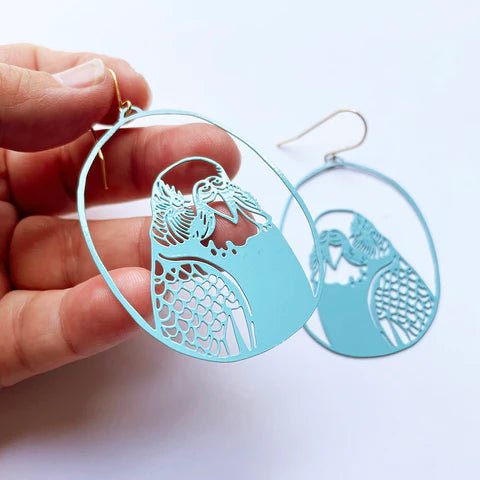 DENZ Budgies in pale aqua, painted steel dangles, angled view