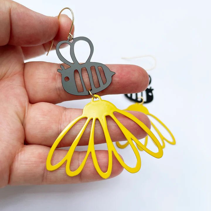 Denz + coDENZ Bee Flowers in black + yellow - painted steel dangles #same day gift delivery melbourne#