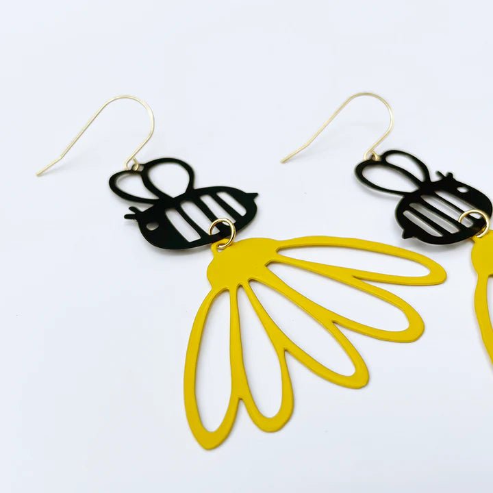 Denz + coDENZ Bee Flowers in black + yellow - painted steel dangles #same day gift delivery melbourne#