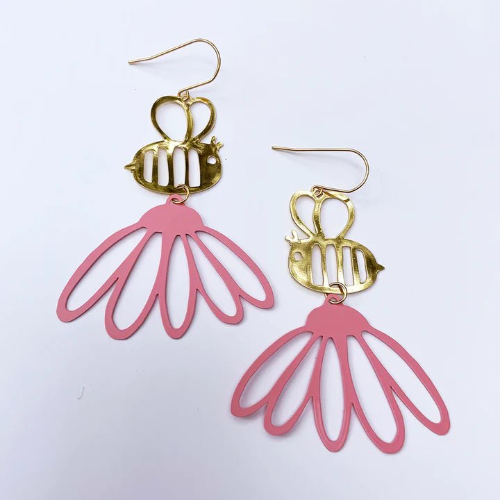 Denz + coDENZ Bee Flowers in gold + pink - painted steel dangles #same day gift delivery melbourne#