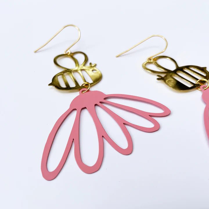 DENZ Bee Flowers in gold + pink - painted steel dangles