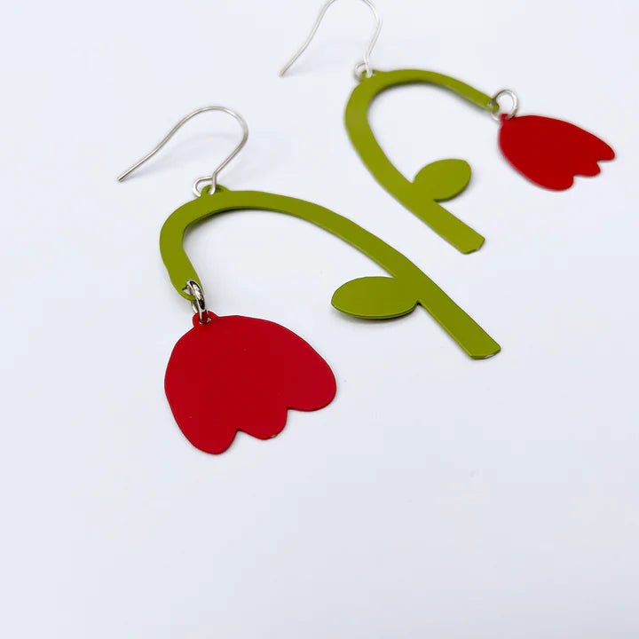 Denz + coDENZ flower drops red + green painted steel dangles #same day gift delivery melbourne#