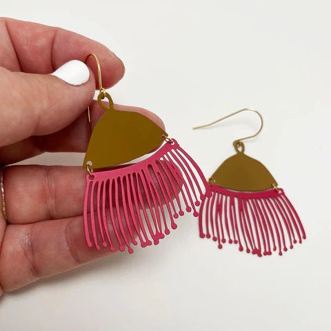 Denz + coDENZ Gum Blossom dangles in Olive + Raspberry | painted steel dangles #same day gift delivery melbourne#