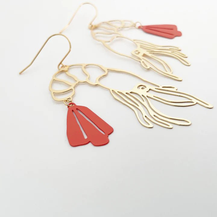 DENZ Prawn dangles in Gold + Coral - painted steel dangles