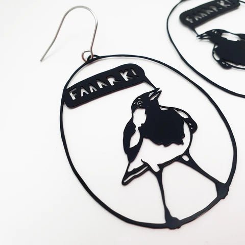 DENZ Faaaark the Lark in black earrings, angled view