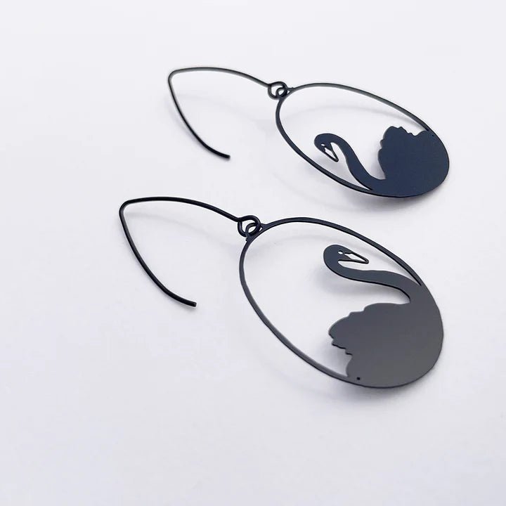 DENZ Mini Black Swan earrings, angled view