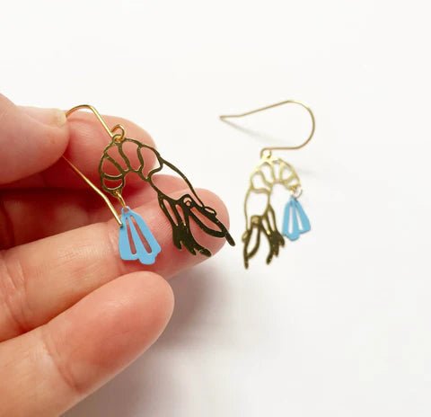 DENZ Mini Prawns in Gold/ sky blue, painted steel dangles, held by hand