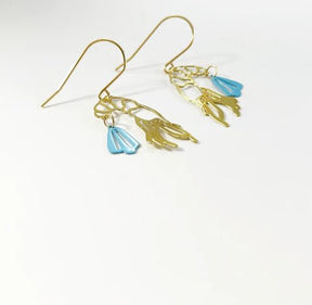 DENZ Mini Prawns in Gold/ sky blue, painted steel dangles , angled view