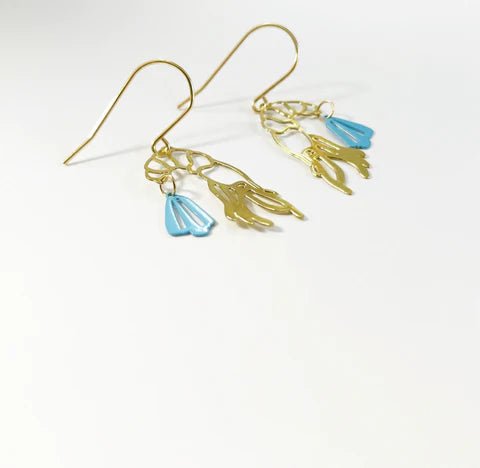 DENZ Mini Prawns in Gold/ sky blue, painted steel dangles , angled view