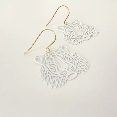 DENZ Mini Tigers in white earrings, angled view