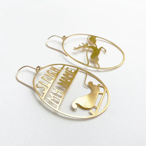 DENZ Sleigh My Name in Gold earrings, angled view