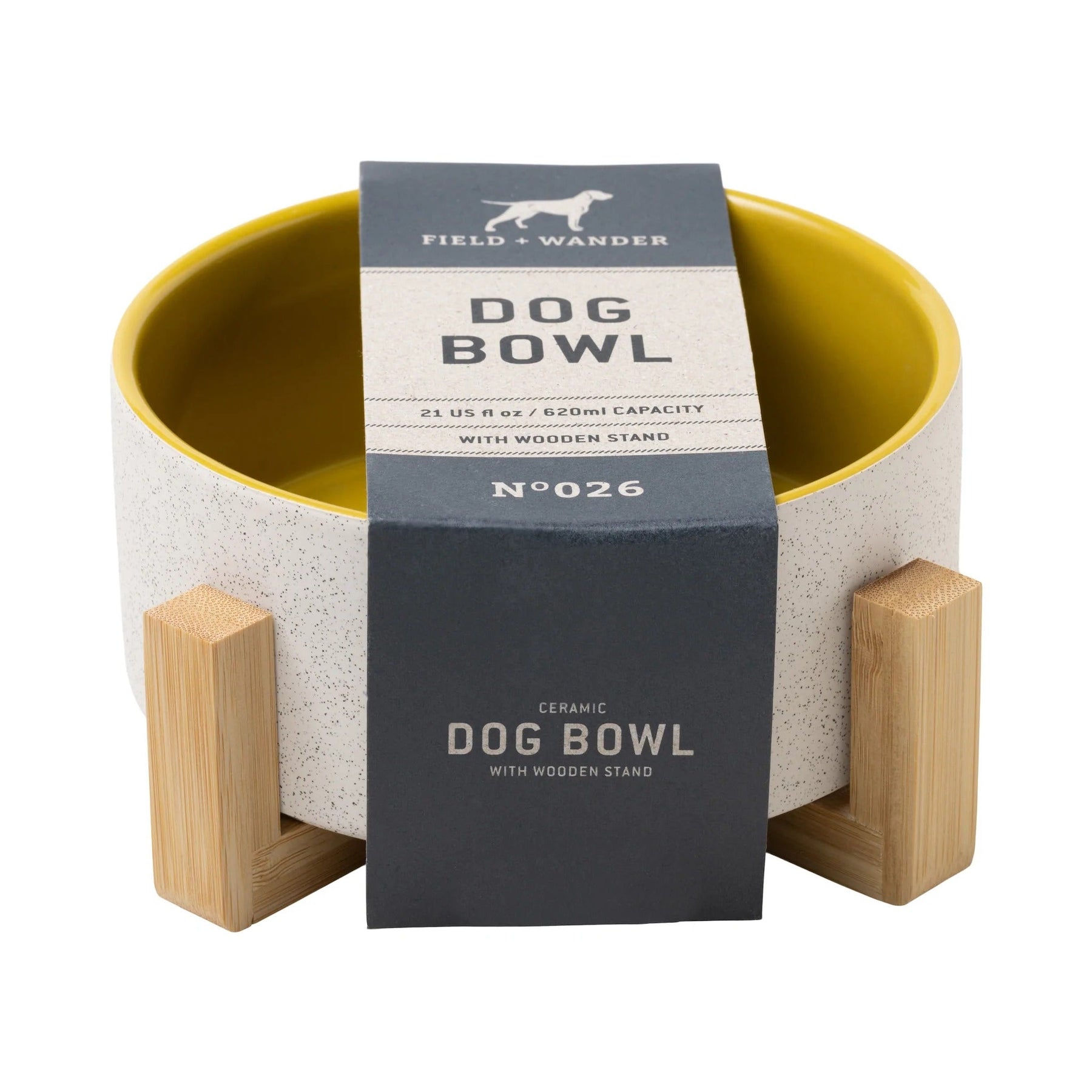 Field and Wander Dog Bowl with Wooden Stand - Yellow