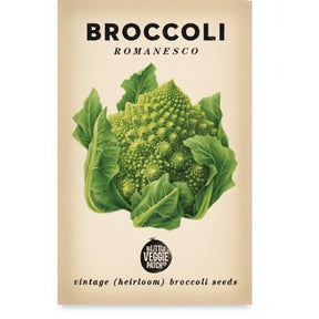 Packaging of Little Veggie Patch Co Broccoli Romanesco Heirloom Seeds featuring an illustration of the Romanesco Broccoli.