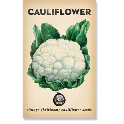 Little Veggie Patch Co Cauliflower 'Snowball' vintage heirloom seeds packet with retro botanical art.