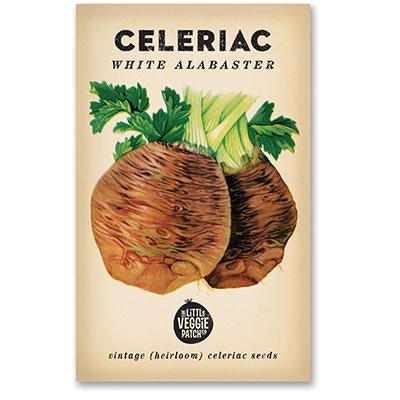 Packaging of Little Veggie Patch Co Celeriac 'White Alabaster' Heirloom Seeds with an illustration of celeriac bulbs and leaves on the front.