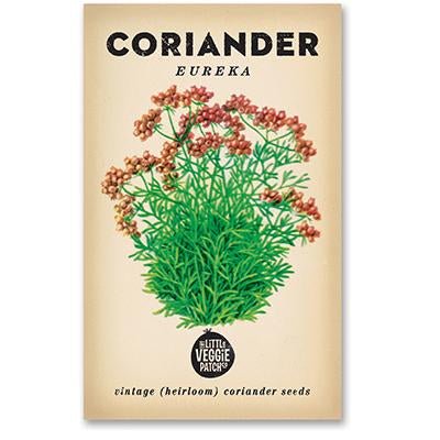 Packaging of Little Veggie Patch Co Coriander 'Eureka' Heirloom Seeds with an illustration of the coriander plant with green leaves and red flowers.