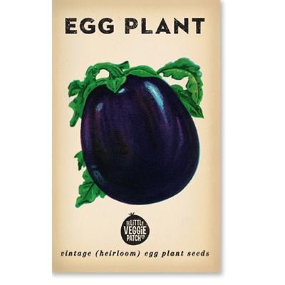 Packaging of Little Veggie Patch Co Eggplant 'Florida Market' Heirloom Seeds featuring an illustration of an eggplant with green leaves on top, against a beige background.