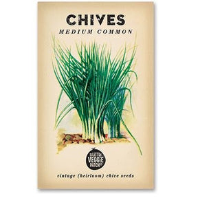 Packaging of Little Veggie Patch Co Chives 'Medium Common' Heirloom Seeds with an illustration of chives plant