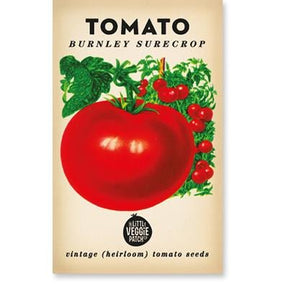 Little Veggie Patch Co Tomato 'Burnley Surecrop' vintage heirloom seeds packet with retro botanical art.