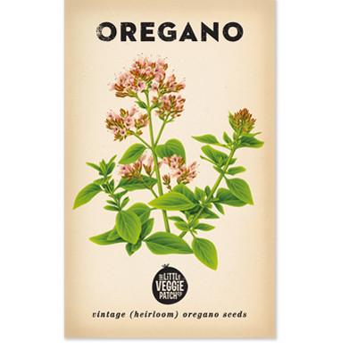 Little Veggie Patch Co Oregano 'Common' vintage heirloom seeds packet with retro botanical art.
