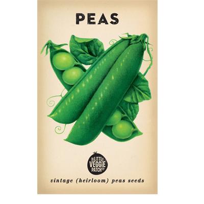 Little Veggie Patch Co Pea 'Sugar Bon Snap' vintage heirloom seeds packet with retro botanical art.