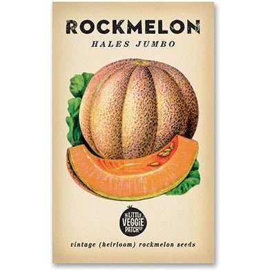 Little Veggie Patch Co Rockmelon 'Hales Jumbo' heirloom seeds packet with retro botanical artwork.