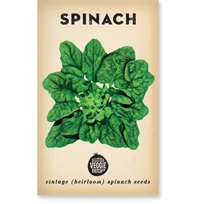 Little Veggie Patch Co Spinach 'Bloomsdale' vintage heirloom seeds packet with retro botanical art.