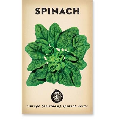 Little Veggie Patch Co Spinach 'Bloomsdale' vintage heirloom seeds packet with retro botanical art.