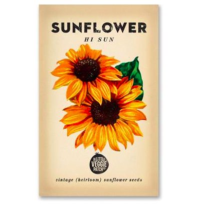 Packaging of Little Veggie Patch Co Sunflower 'Hi-Sun' Heirloom Seeds with illustration of sunflowers on the front.