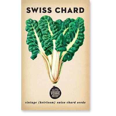 Packaging for Little Veggie Patch Co Swiss Chard Heirloom Seeds, featuring an image of a green, leafy vegetable.