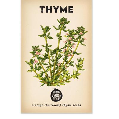 Little Veggie Patch Co Thyme 'Summer' vintage heirloom seeds packet with retro botanical art.