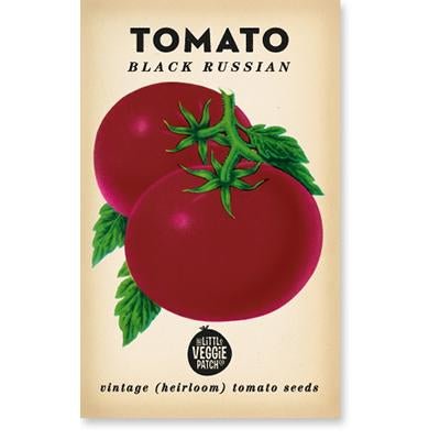 Little Veggie Patch Co Tomato 'Black Russian' vintage heirloom seeds packet with retro botanical art.