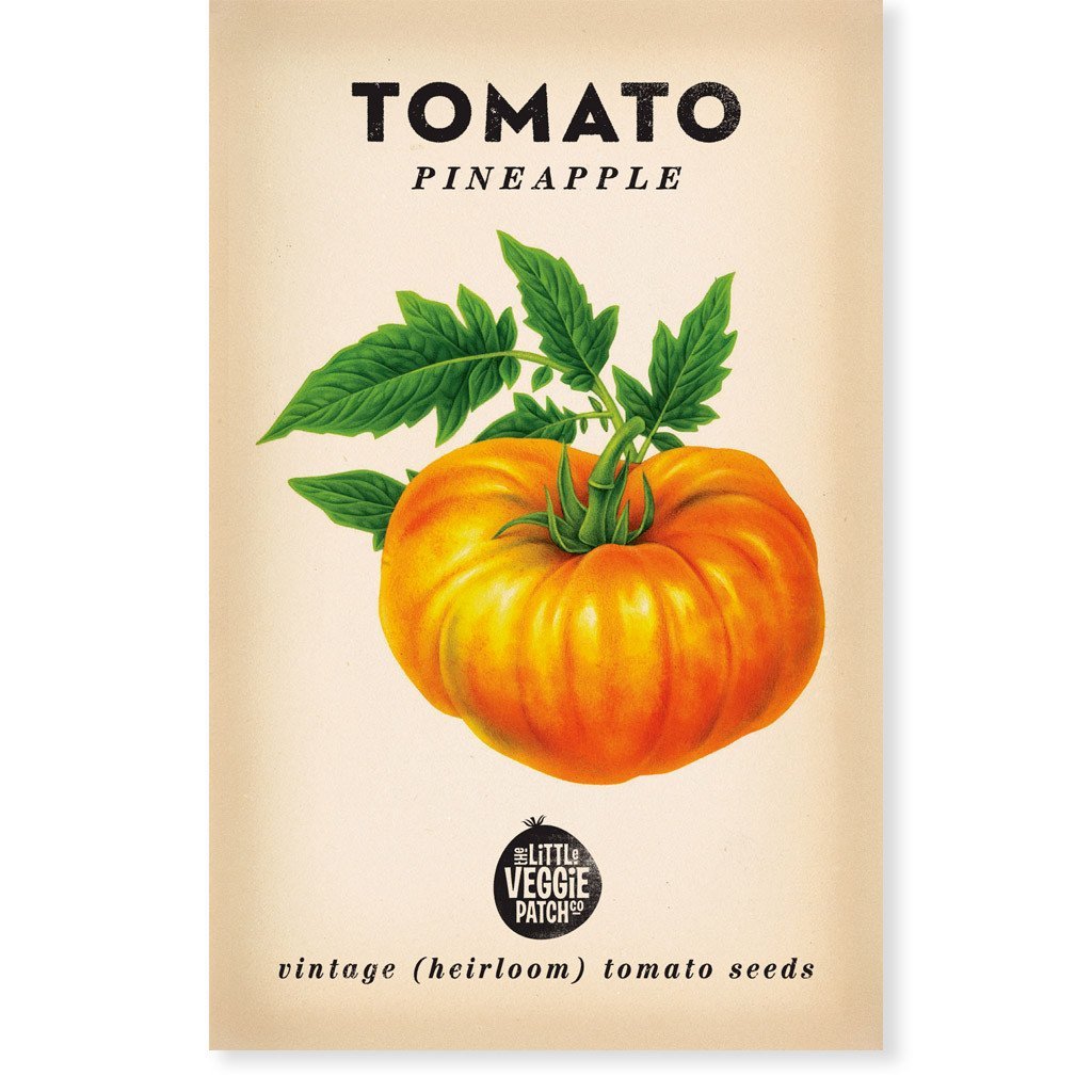 Little Veggie Patch Co Tomato 'Pineapple' vintage heirloom seeds packet with retro botanical art.