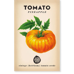 Little Veggie Patch Co Tomato 'Pineapple' vintage heirloom seeds packet with retro botanical art.