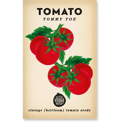 Little Veggie Patch Co Tommy Toe vintage heirloom tomato seeds packet with retro botanical art.