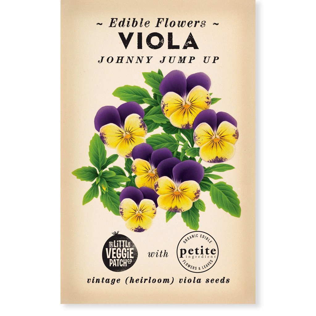 Packaging of 'Little Veggie Patch Co Voila "Johnny Jump Up" Heirloom Seeds' featuring a colorful image of the viola flowers on the front.